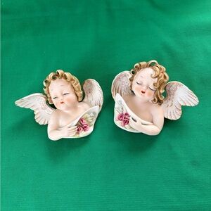 Vintage Lefton pair Angel Cherub holding roses wall hanging decoration xw60300